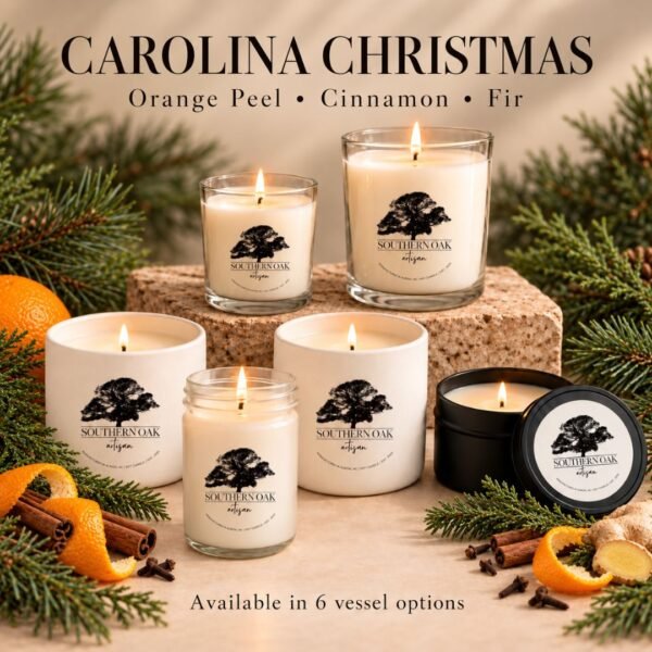 Carolina Christmas soy candles in all six Southern Oak Artisan vessel options