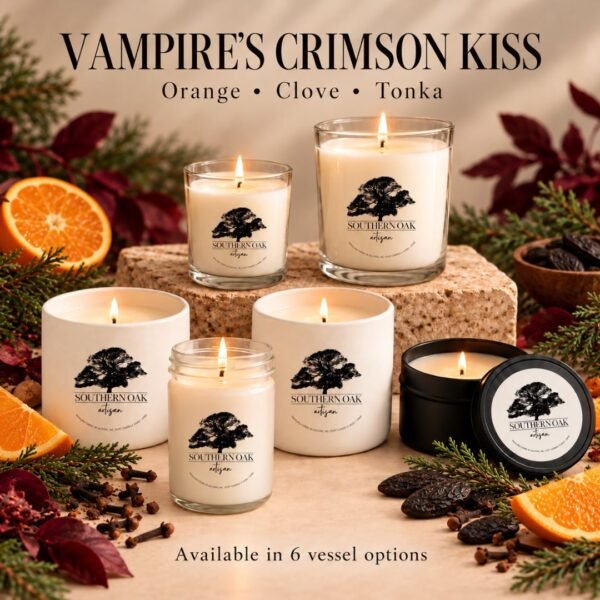 Vampire’s Crimson Kiss soy candles in all six Southern Oak Artisan vessel options