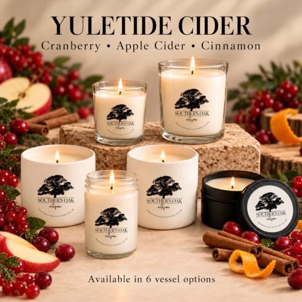 Yuletide Cider soy candles in all six Southern Oak Artisan vessel options