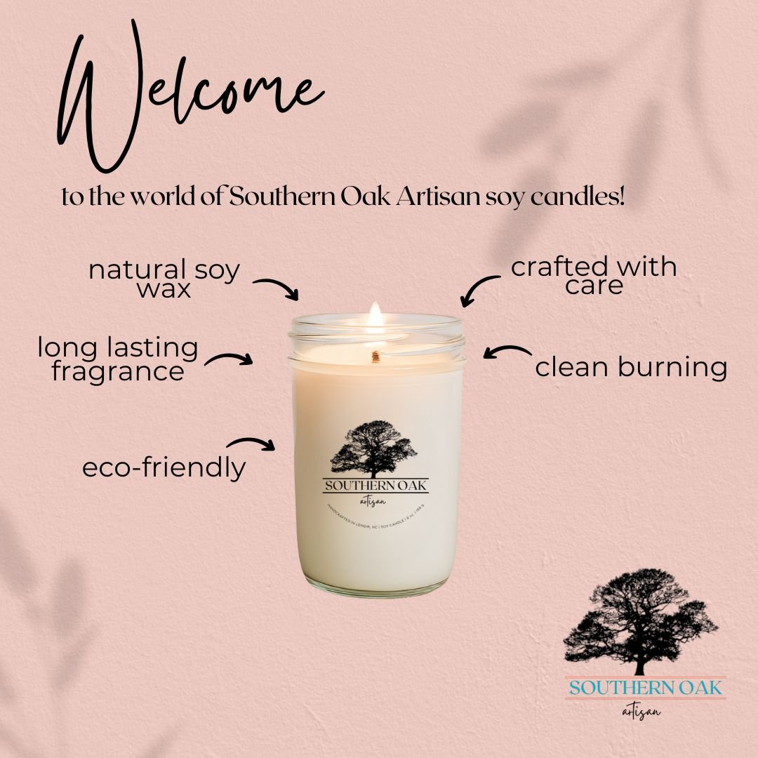 New here? Welcome, and Happy New Year!🕯️Discover the world of handmade soy candles! Our candles are crafted with care, using natural soy wax. They're eco-friendly, clean-burning, and provide a longer, more luxurious fragrance experience.Learn more at our website: southernoakartisan.com