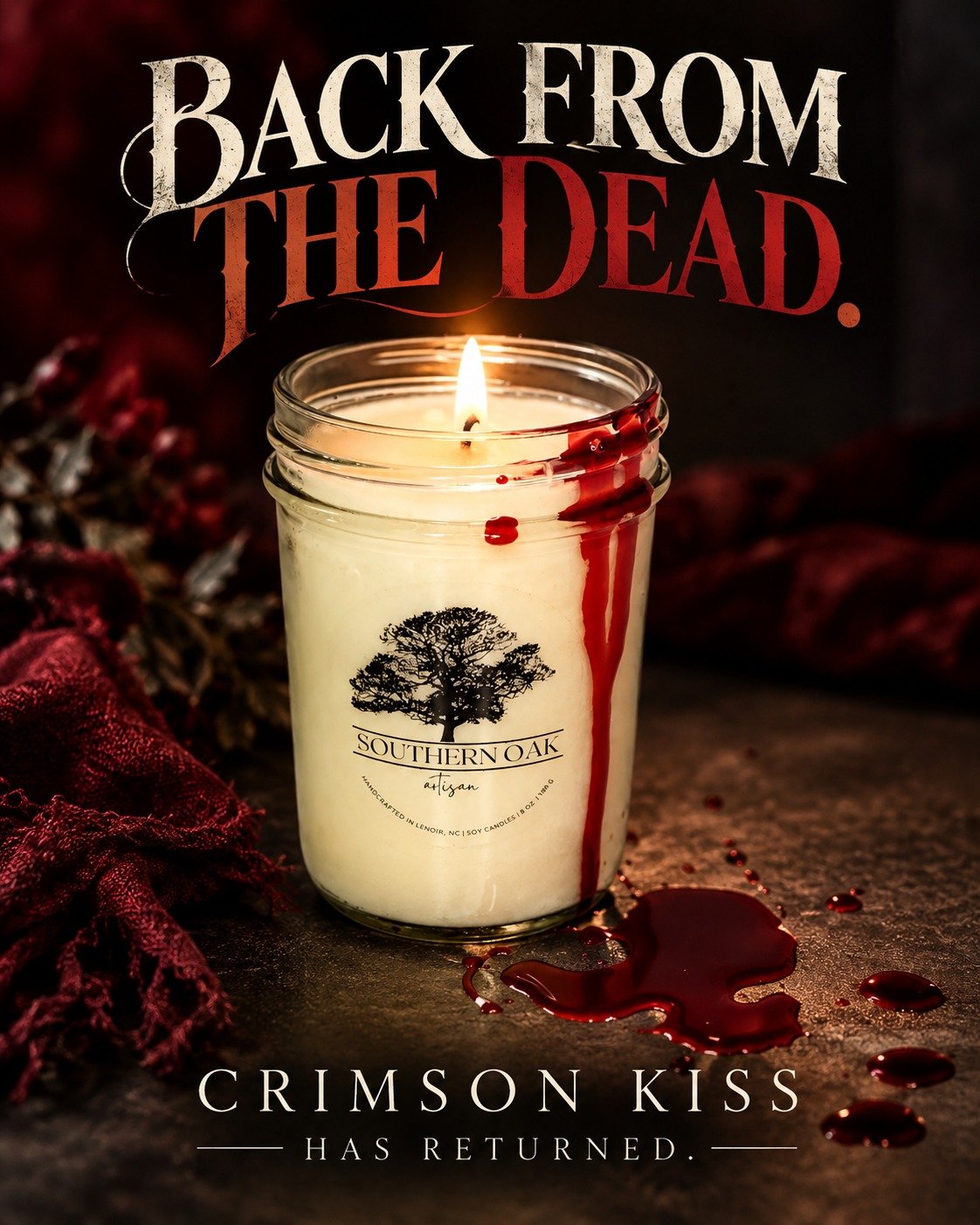 🩸🖤 LOOK WHO'S BACK FROM THE DEAD! 🦇Just in time for Halloween, one of our spookiest scents has made its return!CRIMSON KISS is back, and she's just as mysterious as you remember.This hand-poured soy candle brings together bright notes of orange and orange blossom, warm cedar, patchouli, and clove, with a lingering finish of incense and tonka bean.It's a little sweet, a little smoky, and just the right amount of spooky. Perfect for those chilly October evenings, scary movie marathons, or anyone who loves a fragrance with a darker side. 🕯️Who says Halloween can't smell amazing?🖤 Get your Crimson Kiss before she disappears again!👉 https://southernoakartisan.com/product/crimson-kiss/#SouthernOakArtisan #CrimsonKiss #HalloweenCandles #ShopSmall #HandPouredSoyCandles
