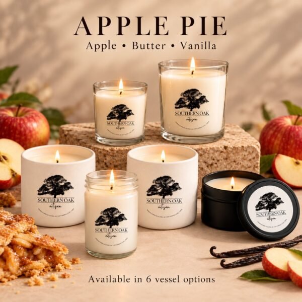 Apple Pie soy candles in all six Southern Oak Artisan vessel options