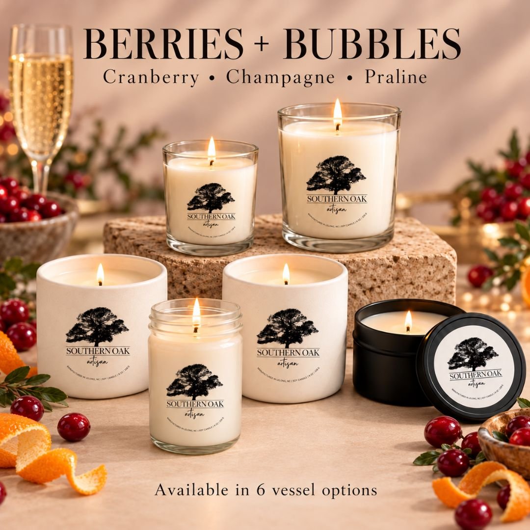 Berries + Bubbles Candle soy candles in all six Southern Oak Artisan vessel options