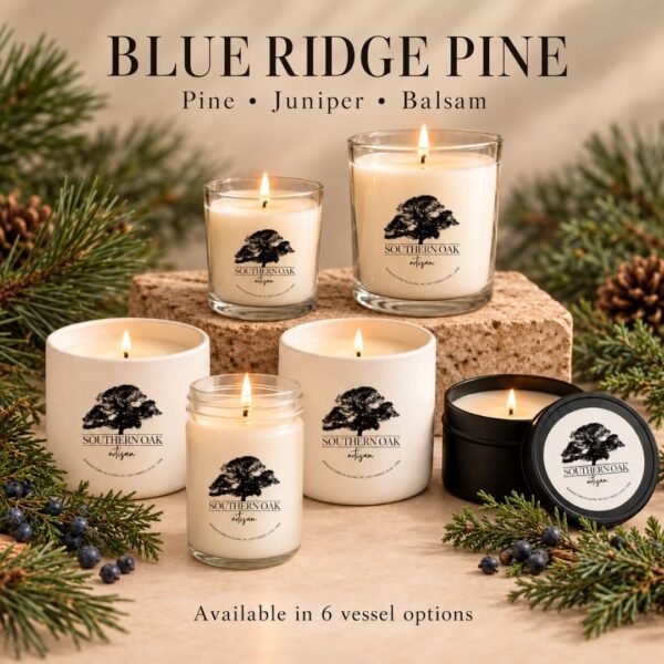 Blue Ridge Pine soy candles in all six Southern Oak Artisan vessel options