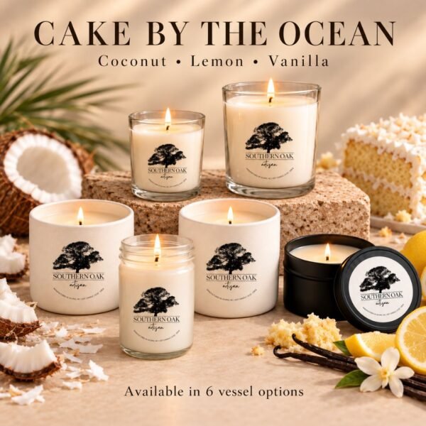Cake By The Ocean soy candles in all six Southern Oak Artisan vessel options