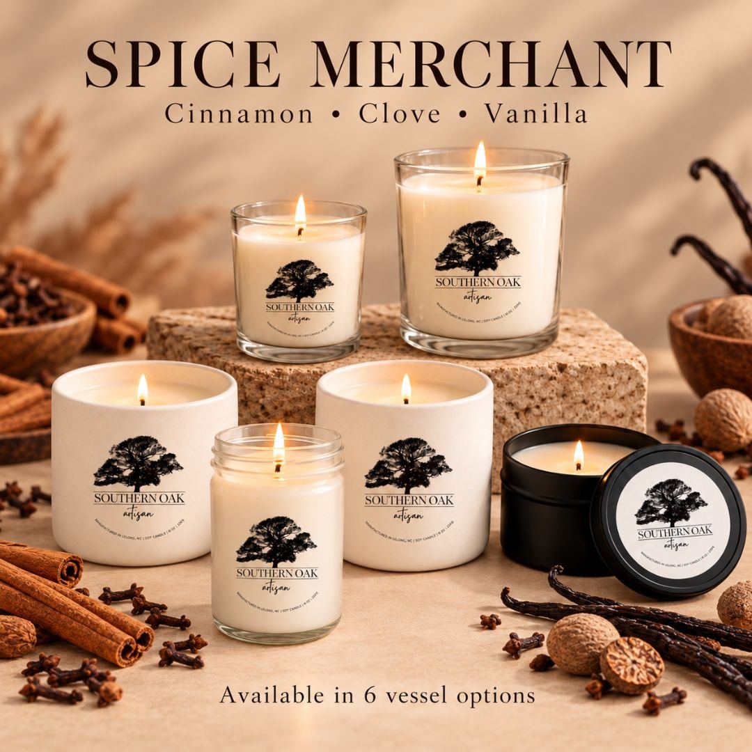 Spice Merchant soy candles in all six Southern Oak Artisan vessel options